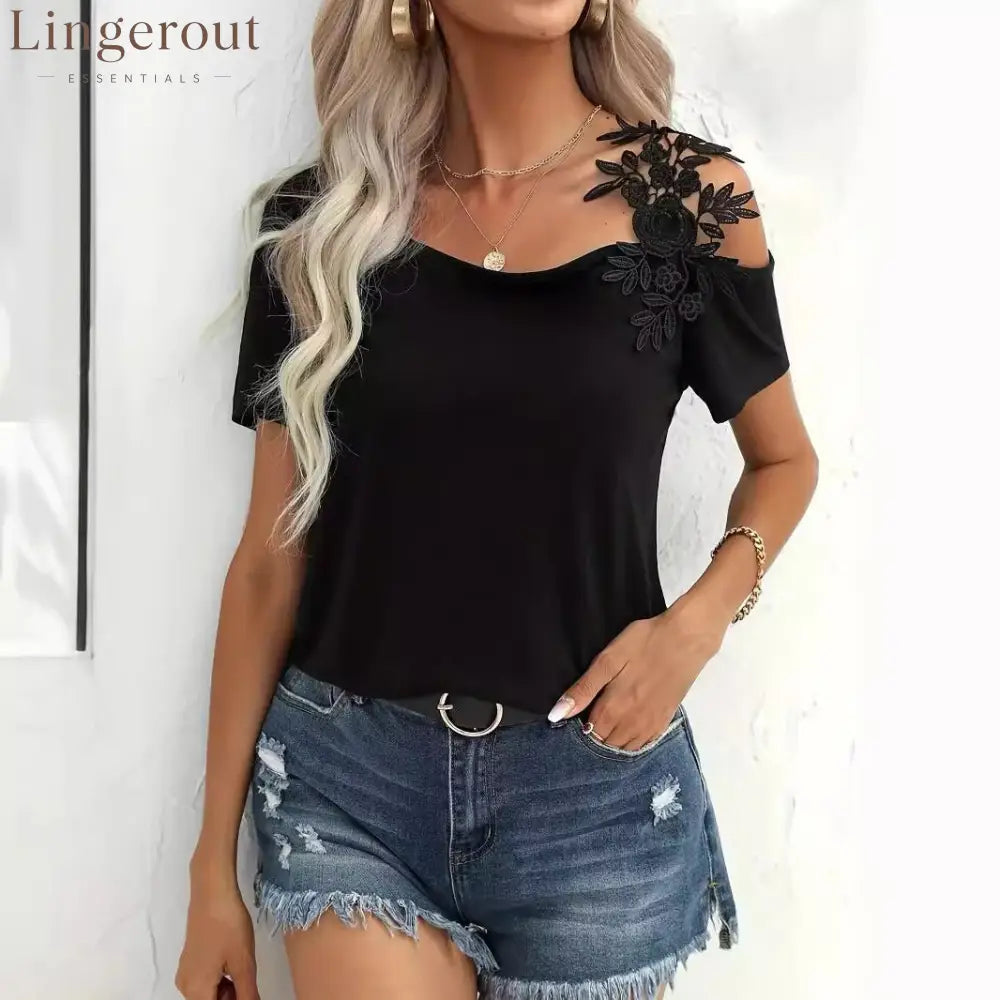 solid color stitching fashion lace T-shirt women’s tops