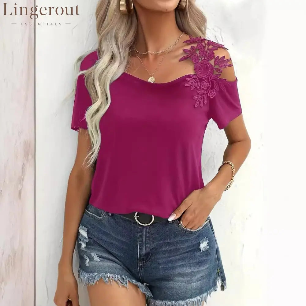 solid color stitching fashion lace T-shirt women’s tops