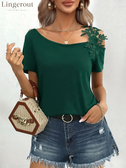 solid color stitching fashion lace T-shirt women’s tops - dark green / S
