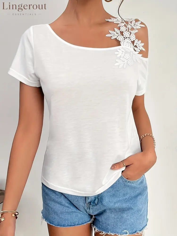 solid color stitching fashion lace T-shirt women’s tops - White / S