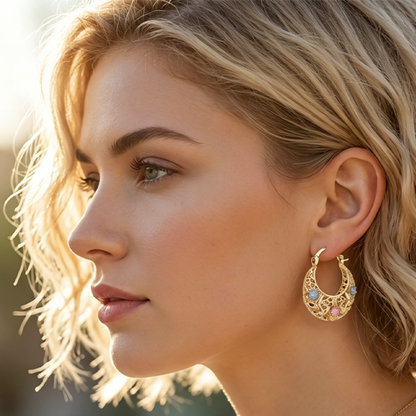 📢📢30% OFF!! ⏰ Gold-Plated Crescent Hoop Earrings with Enamel Flowers - Clothing & Accessories