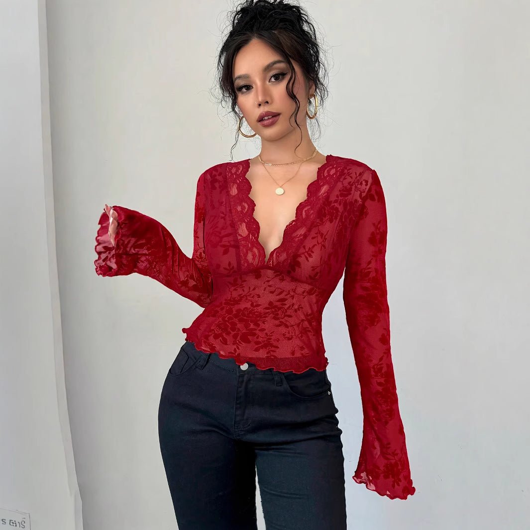 T‑shirt haut pour femme à col V en dentelle et résille avec manches évasées, nouvelle collection printemps 2026 pour femme