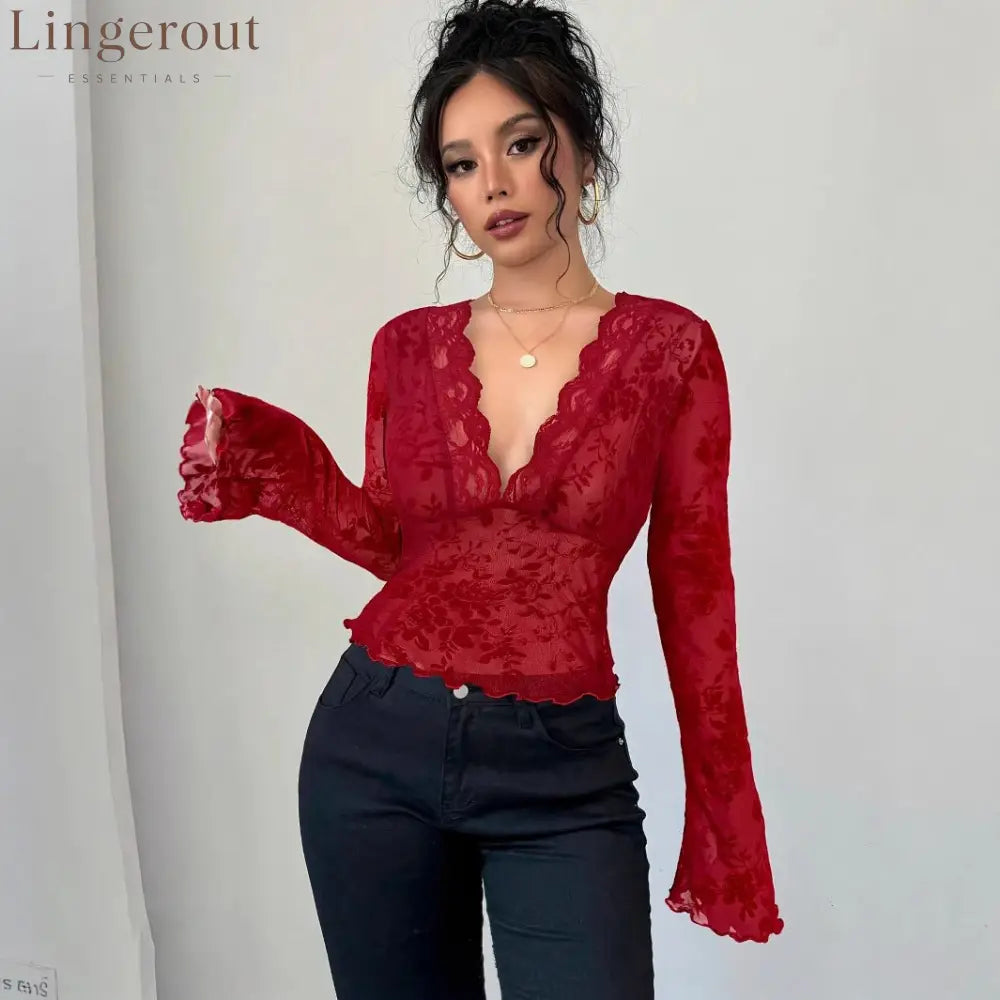 Spring 2026 new women’s V-neck lace mesh horn sleeve T-shirt top women
