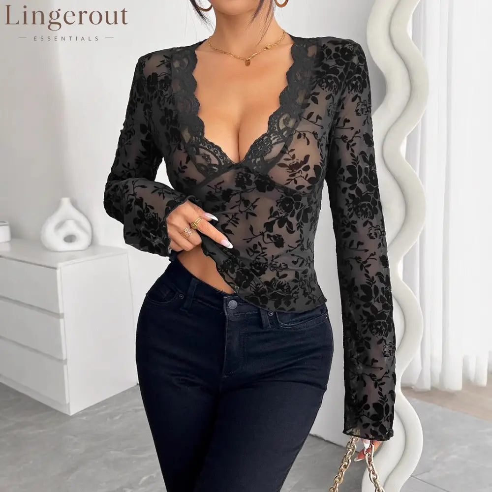 Spring 2026 new women’s V-neck lace mesh horn sleeve T-shirt top women