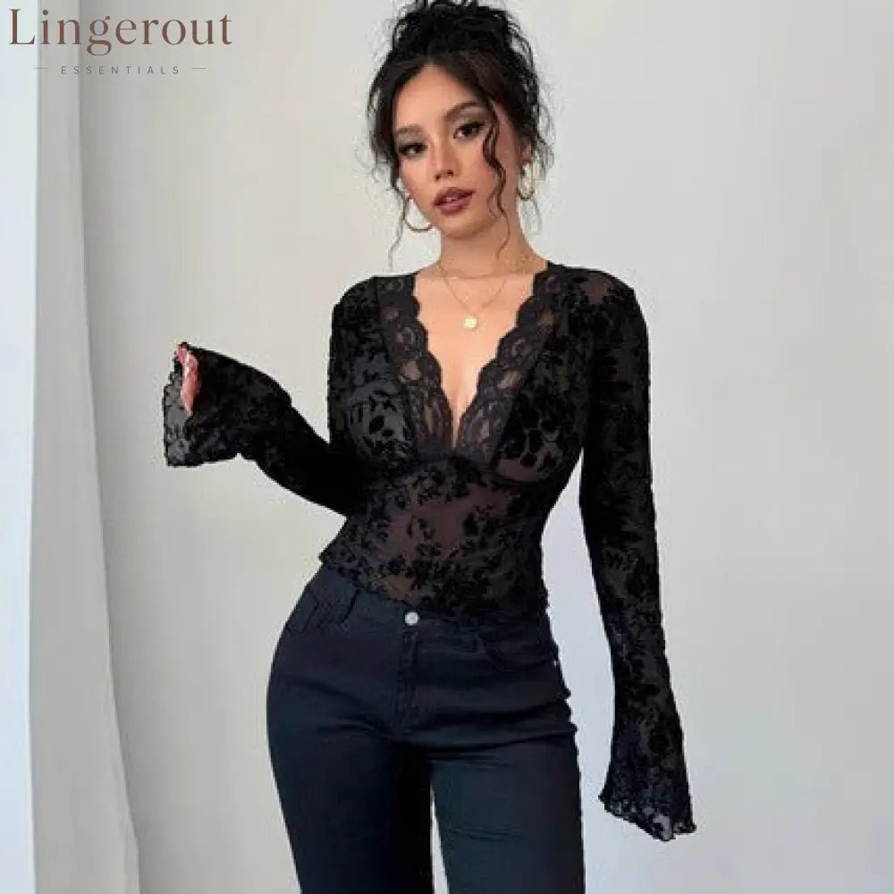Spring 2026 new women’s V-neck lace mesh horn sleeve T-shirt top women - black / S