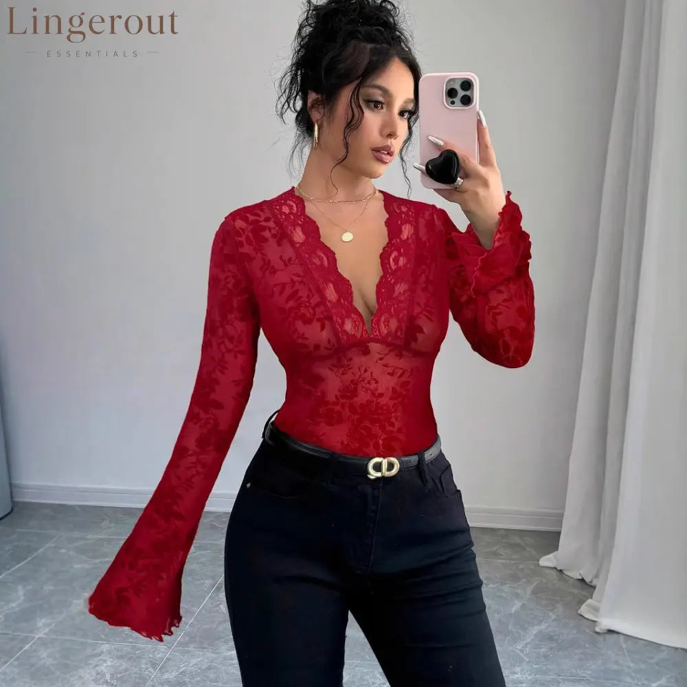 Spring 2026 new women’s V-neck lace mesh horn sleeve T-shirt top women - red / S