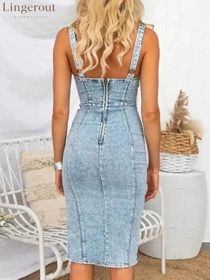 Stretch Sleeveless Denim Dress With Slit