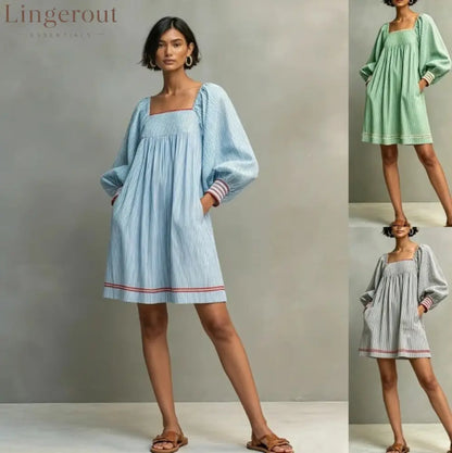 Striped Square Neck Balloon Sleeve Mini Dress