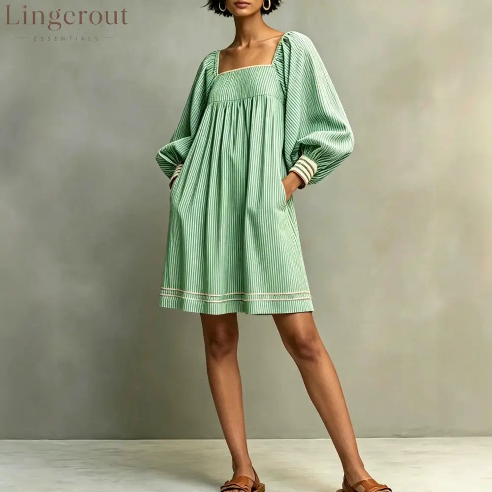 Striped Square Neck Balloon Sleeve Mini Dress