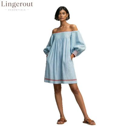 Striped Square Neck Balloon Sleeve Mini Dress