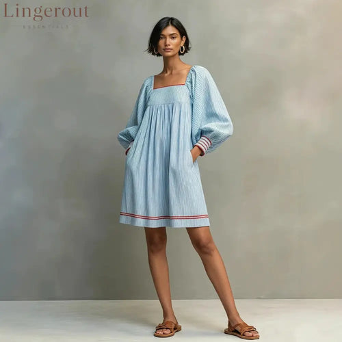Striped Square Neck Balloon Sleeve Mini Dress