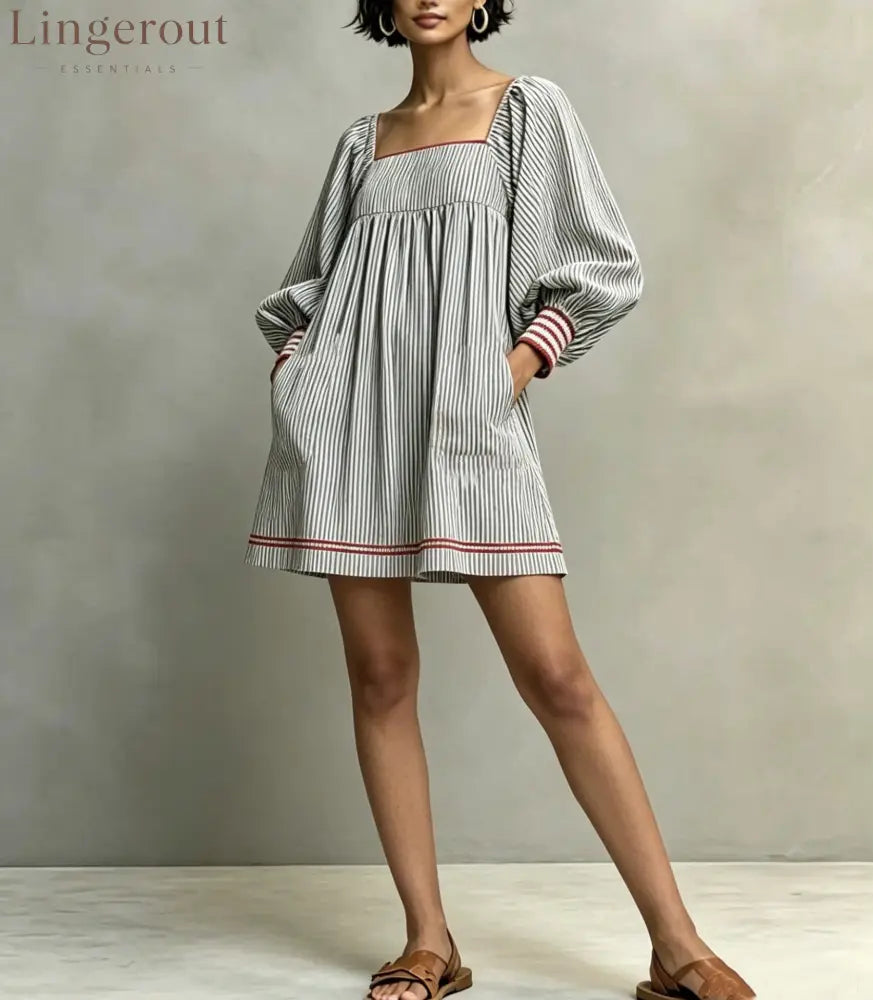 Striped Square Neck Balloon Sleeve Mini Dress - Grey / S