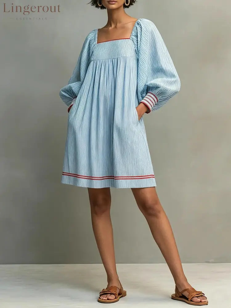 Striped Square Neck Balloon Sleeve Mini Dress - Sky blue / S