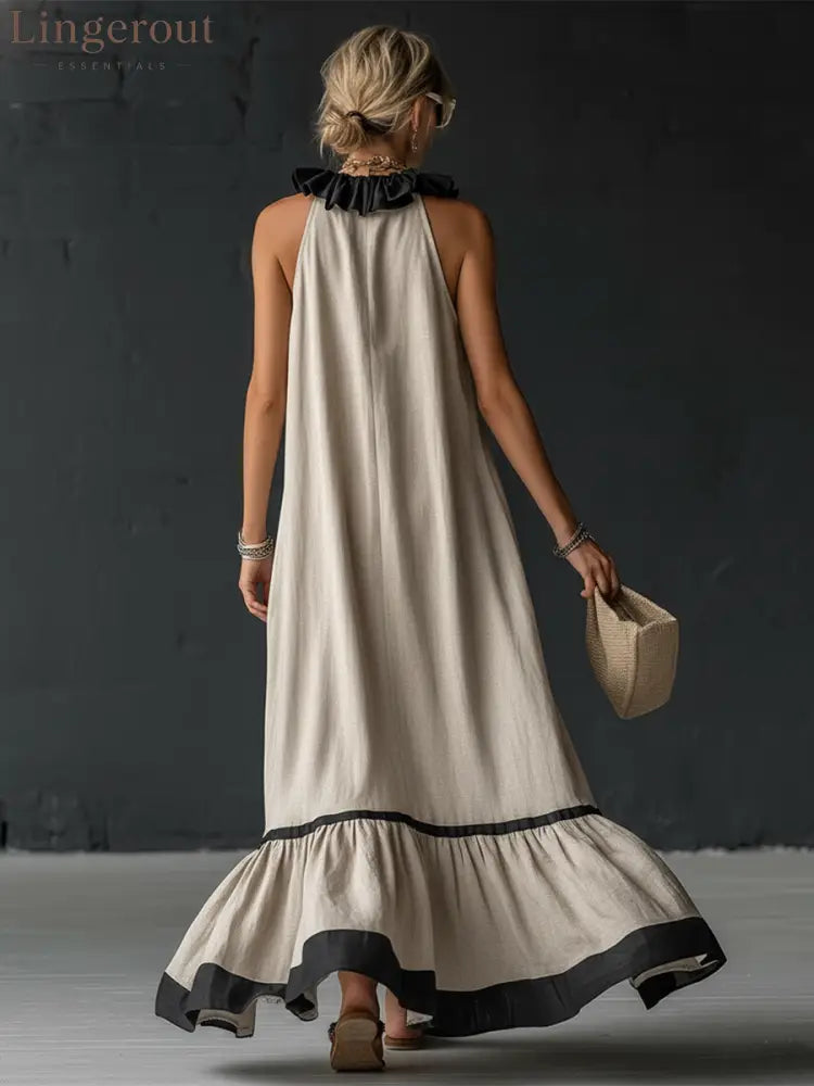 Stylish Simple Sleeveless Color-blocked Ruffled V-neck Cotton Linen Maxi Dress