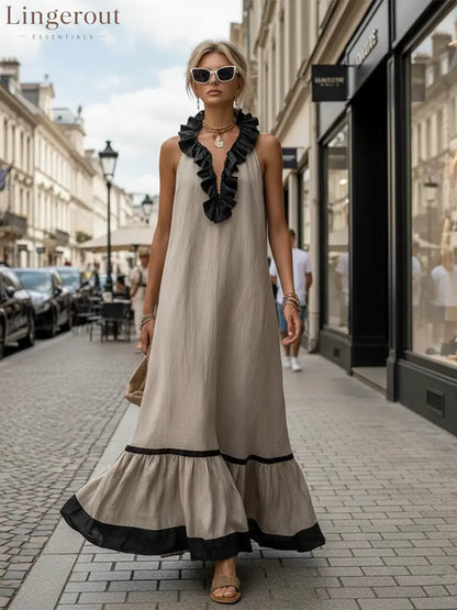 Stylish Simple Sleeveless Color-blocked Ruffled V-neck Cotton Linen Maxi Dress