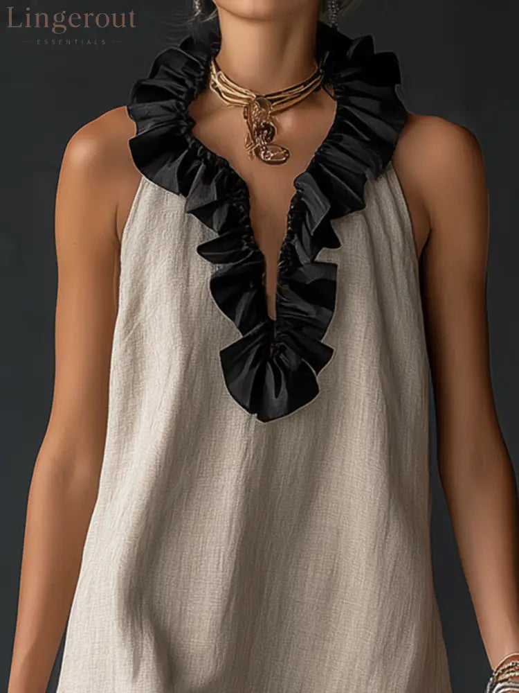 Stylish Simple Sleeveless Color-blocked Ruffled V-neck Cotton Linen Maxi Dress