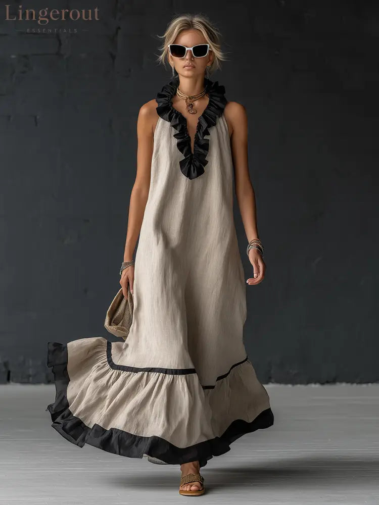 Stylish Simple Sleeveless Color-blocked Ruffled V-neck Cotton Linen Maxi Dress