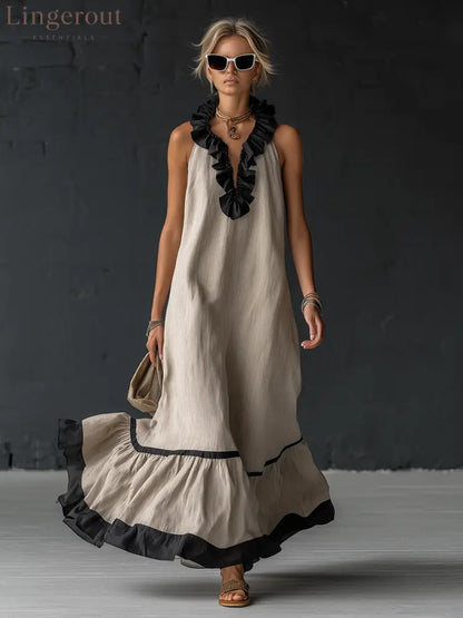 Stylish Simple Sleeveless Color-blocked Ruffled V-neck Cotton Linen Maxi Dress