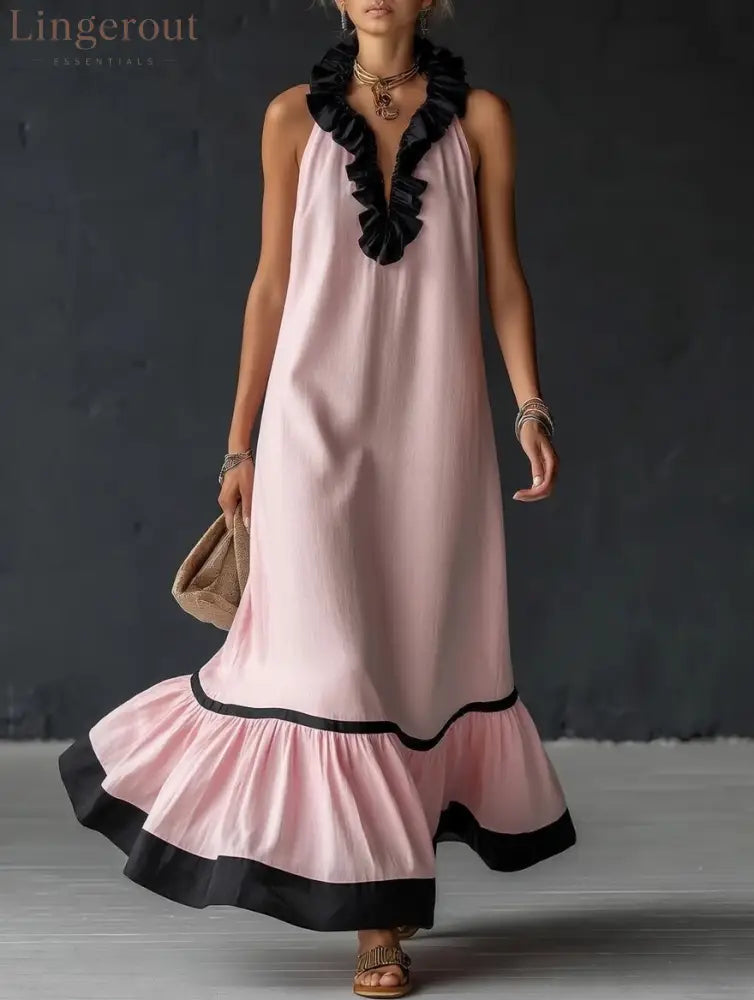 Stylish Simple Sleeveless Color-blocked Ruffled V-neck Cotton Linen Maxi Dress - Pink / S
