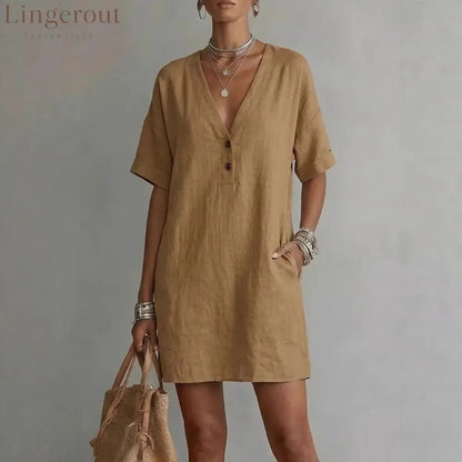 Summer V-Neck Loose Casual Independent New Fashion Dress - Khaki / S
