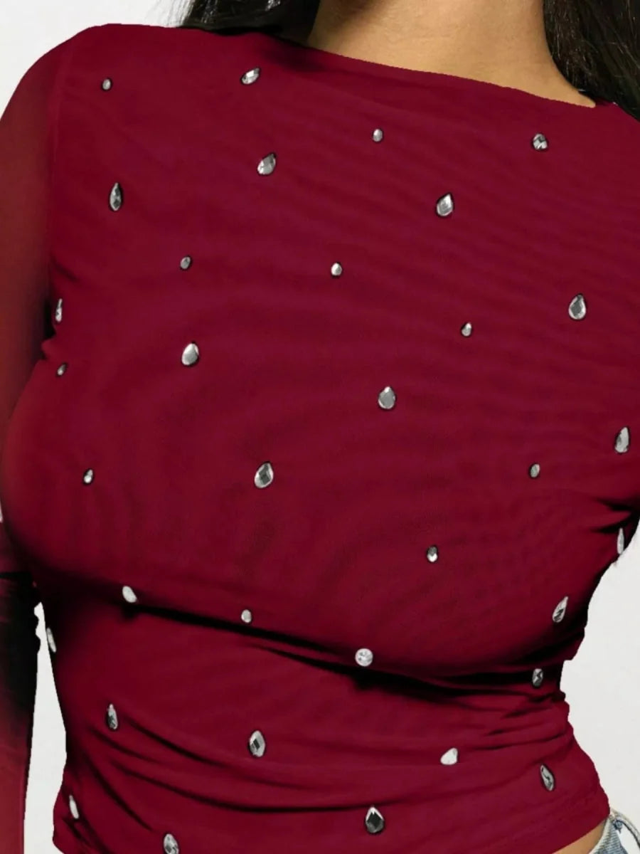 Rhinestone Embellished Long Sleeve T-Shirt