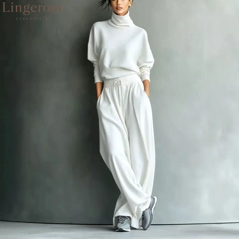 Turtleneck Oversized Knit Top & High Waist Wide Leg Pants Loungewear Set