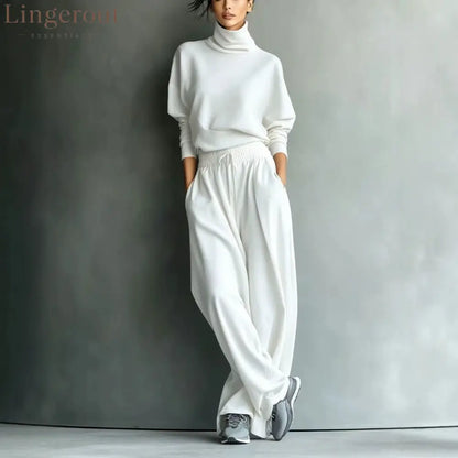 Turtleneck Oversized Knit Top & High Waist Wide Leg Pants Loungewear Set