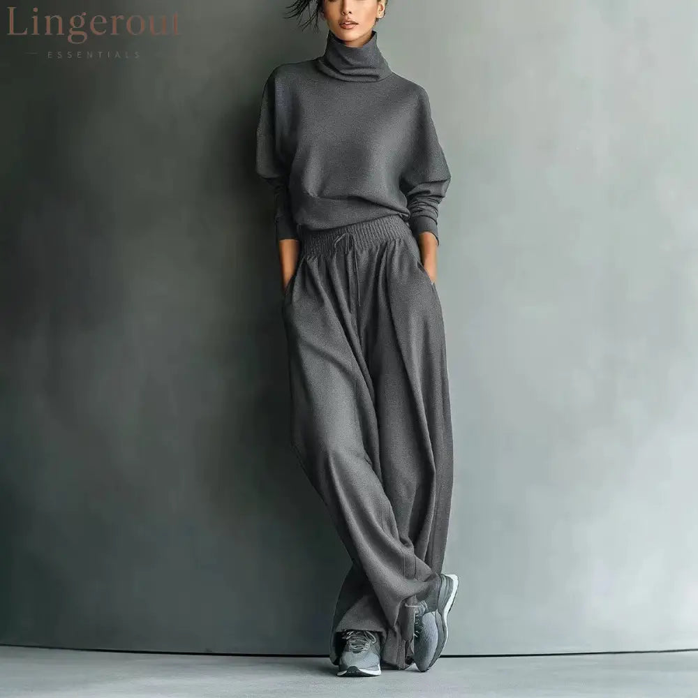 Turtleneck Oversized Knit Top & High Waist Wide Leg Pants Loungewear Set