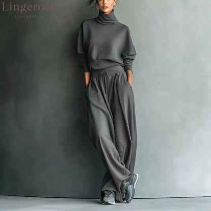 Turtleneck Oversized Knit Top & High Waist Wide Leg Pants Loungewear Set