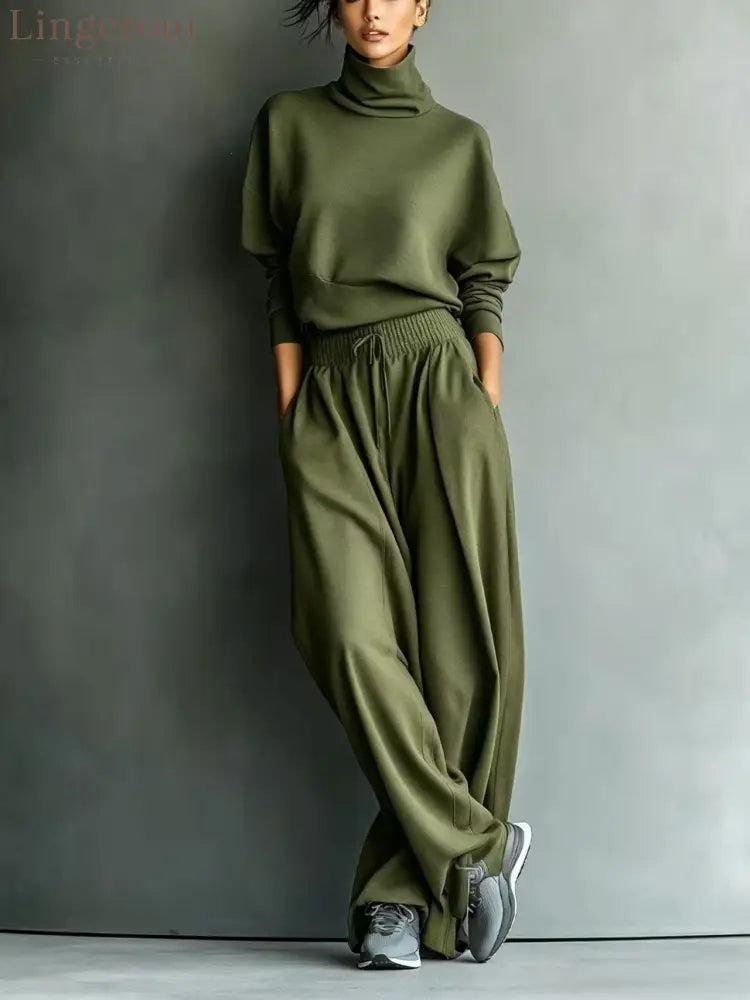 Turtleneck Oversized Knit Top & High Waist Wide Leg Pants Loungewear Set - Army green / S