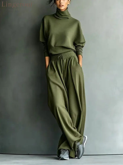 Turtleneck Oversized Knit Top & High Waist Wide Leg Pants Loungewear Set - Army green / S