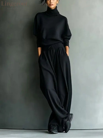Turtleneck Oversized Knit Top & High Waist Wide Leg Pants Loungewear Set - Black / S
