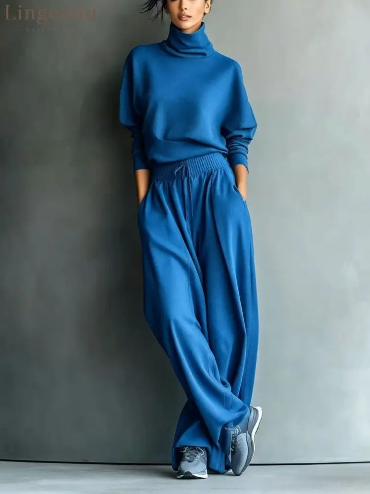 Turtleneck Oversized Knit Top & High Waist Wide Leg Pants Loungewear Set - Blue / S