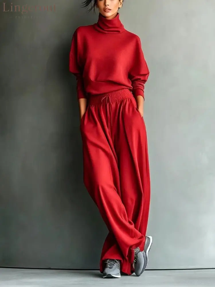 Turtleneck Oversized Knit Top & High Waist Wide Leg Pants Loungewear Set - Claret / S