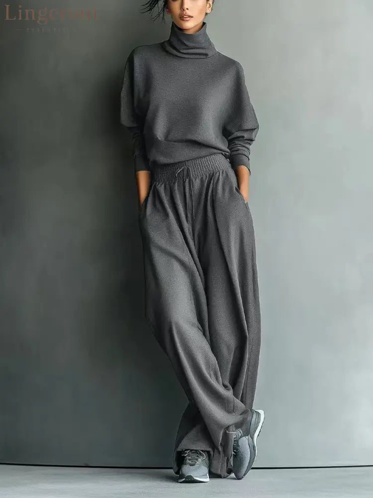 Turtleneck Oversized Knit Top & High Waist Wide Leg Pants Loungewear Set - Grey / S