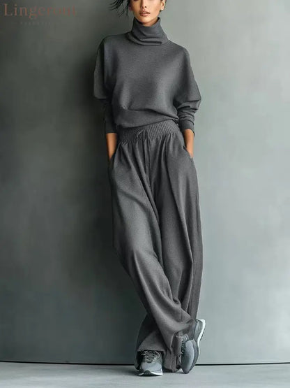 Turtleneck Oversized Knit Top & High Waist Wide Leg Pants Loungewear Set - Grey / S