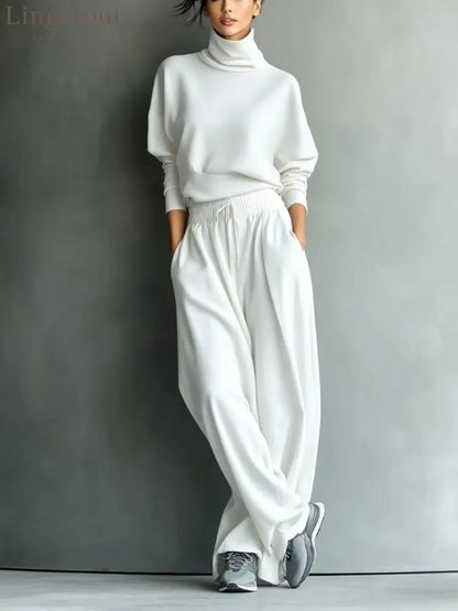 Turtleneck Oversized Knit Top & High Waist Wide Leg Pants Loungewear Set - White / S