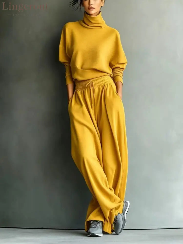 Turtleneck Oversized Knit Top & High Waist Wide Leg Pants Loungewear Set - Yellow / S
