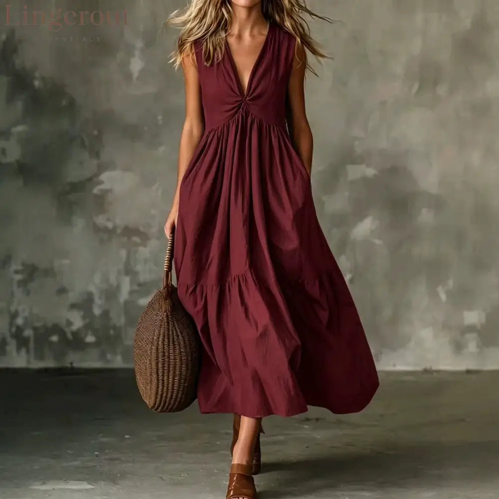Twist Front V-Neck Sleeveless Pocket Textured Flowy Maxi Dress