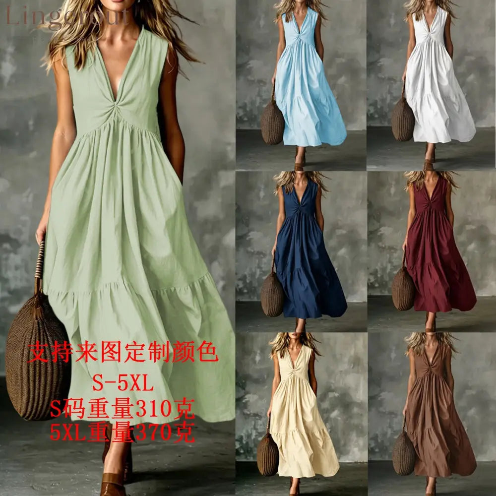 Twist Front V-Neck Sleeveless Pocket Textured Flowy Maxi Dress
