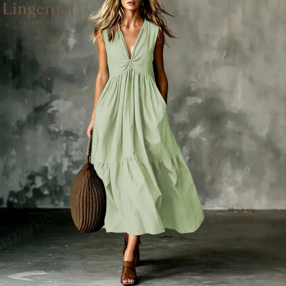 Twist Front V-Neck Sleeveless Pocket Textured Flowy Maxi Dress
