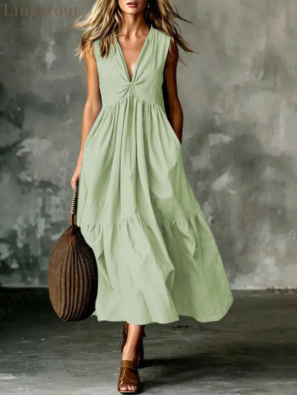 Twist Front V-Neck Sleeveless Pocket Textured Flowy Maxi Dress - Light green / S
