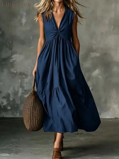 Twist Front V-Neck Sleeveless Pocket Textured Flowy Maxi Dress - Navy blue / S
