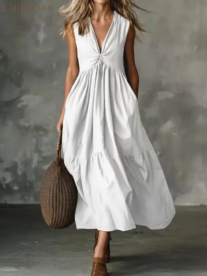 Twist Front V-Neck Sleeveless Pocket Textured Flowy Maxi Dress - White / S