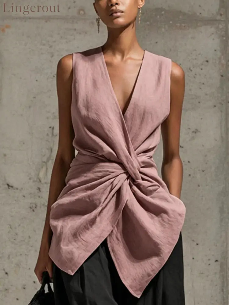 Twisted-waist V-neck Sleeveless Draped Top - Bean Paste Pink / S