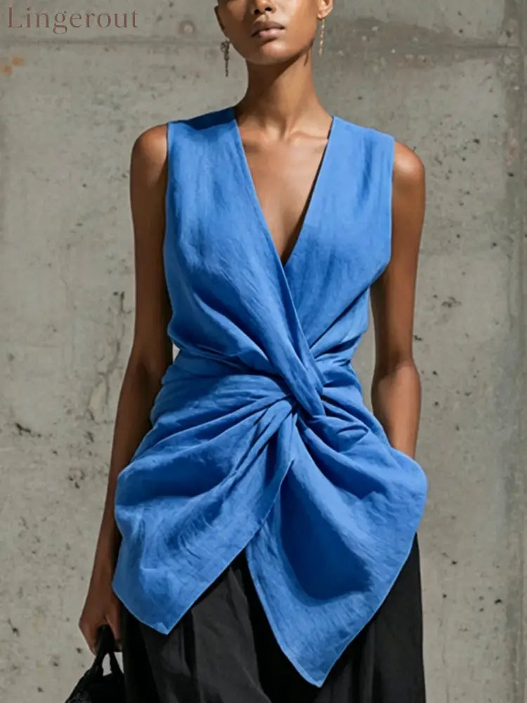 Twisted-waist V-neck Sleeveless Draped Top - Blue / S