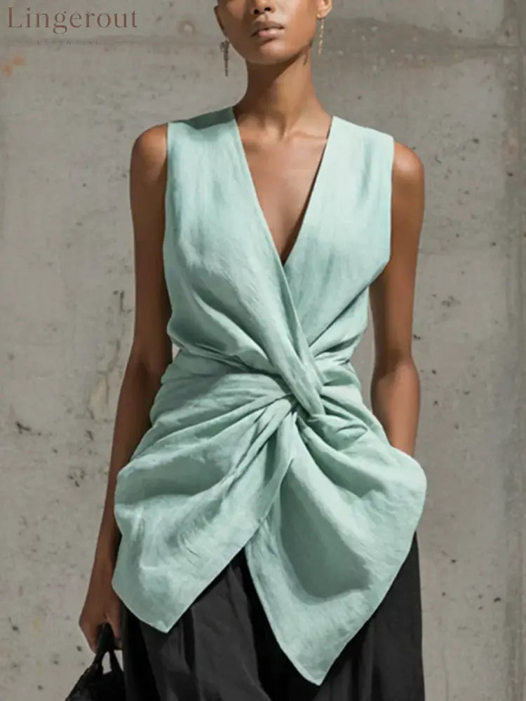 Twisted-waist V-neck Sleeveless Draped Top - Mint Green / S
