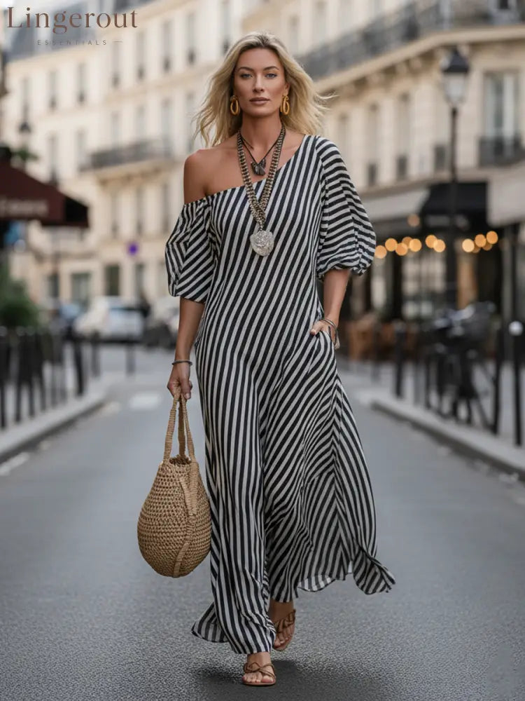 Urban Black Chiffon Striped Print Off Shoulder Maxi Dress