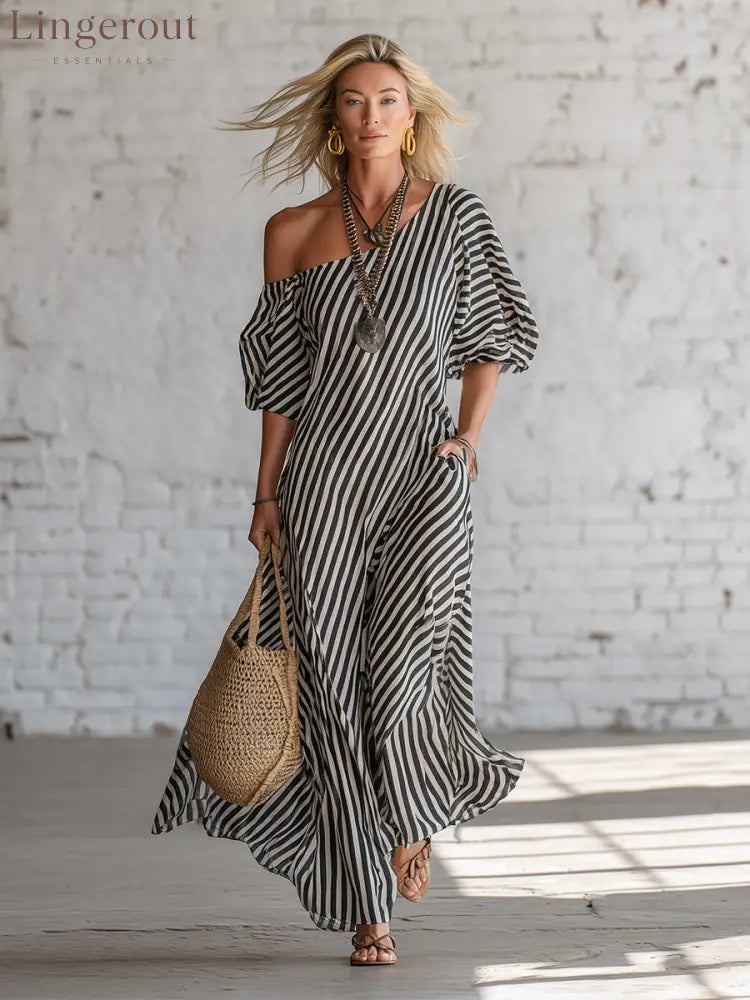 Urban Black Chiffon Striped Print Off Shoulder Maxi Dress