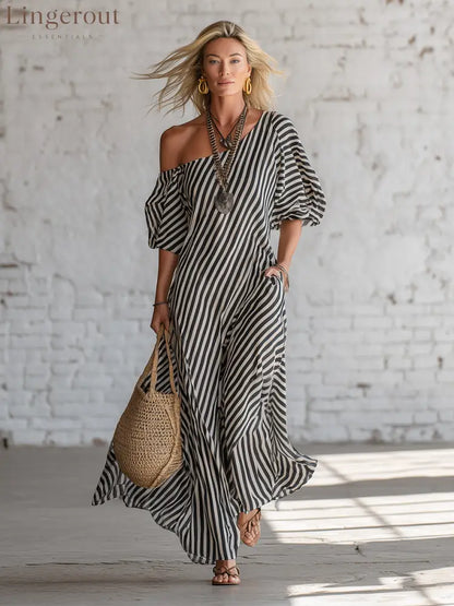 Urban Black Chiffon Striped Print Off Shoulder Maxi Dress
